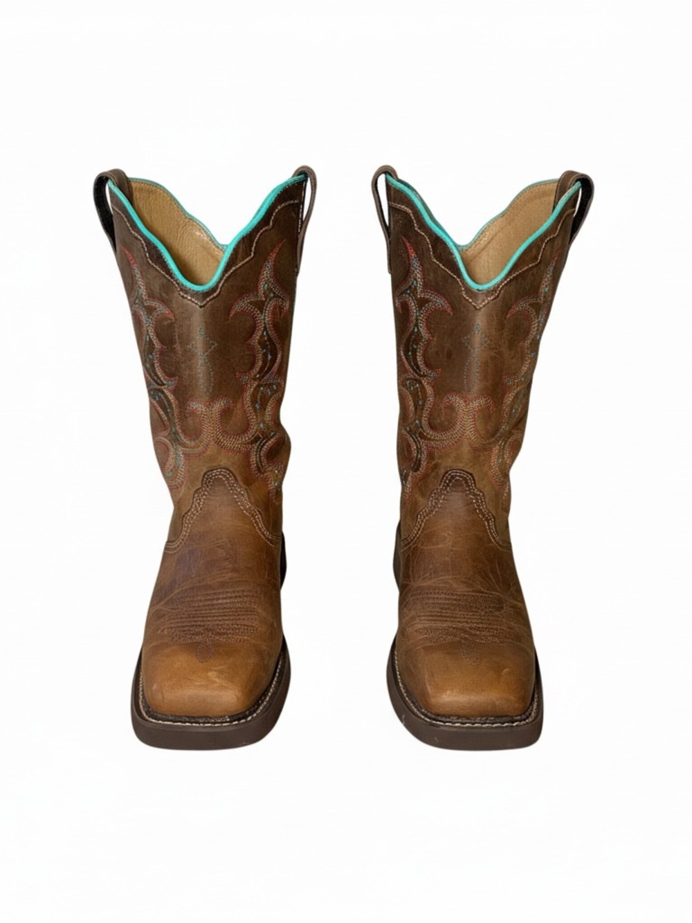 Women’s Brown Leather Heeled Cowboy Boots with Turquoise Trim